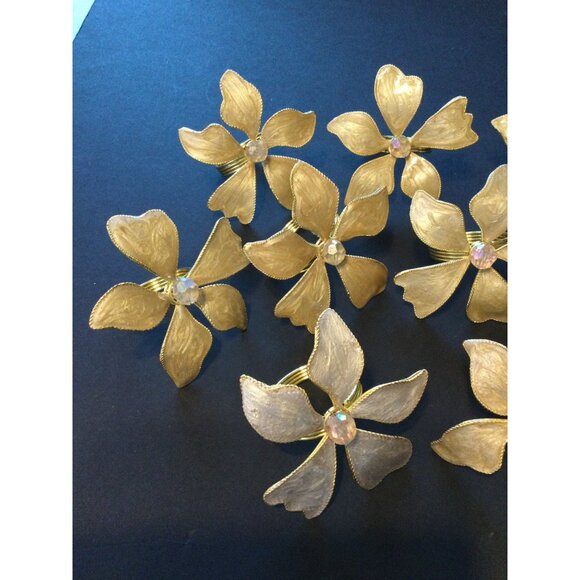 Set of 9 Gold Floral Napkin Rings Flower Jewel Beaded Fancy Table Decor Elegant - Picture 6 of 8